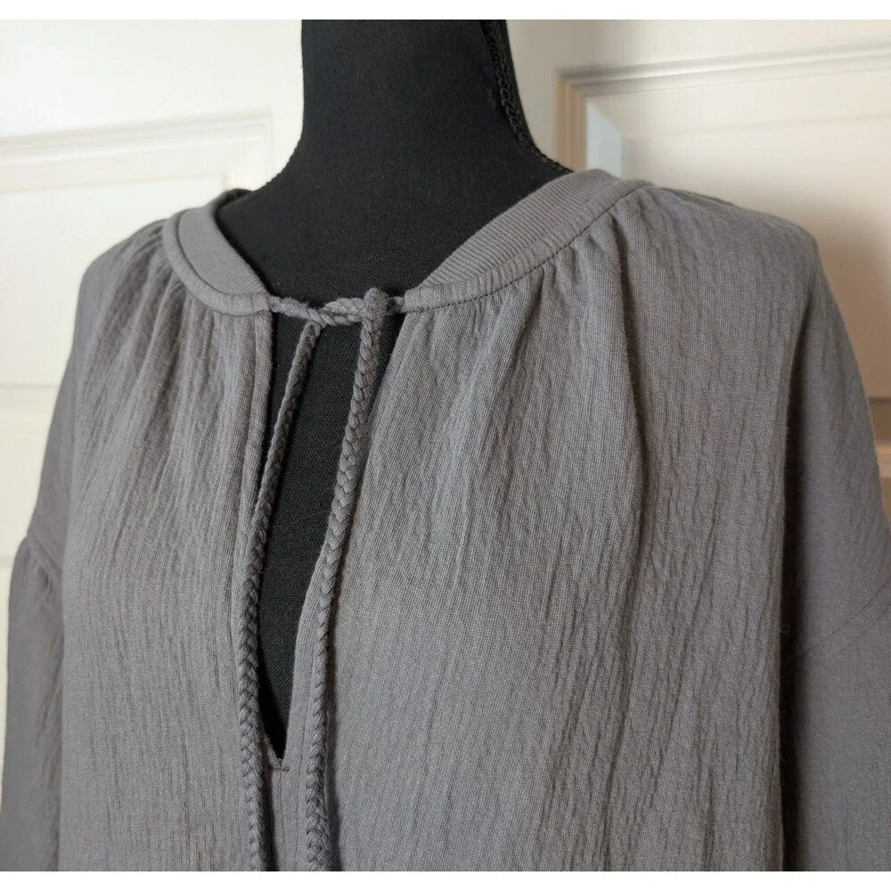 NWOT Aerie Size M Easy Street Gauze Sweatshirt  Tassel Tie Grey Oversized Boho - Picture 3 of 11
